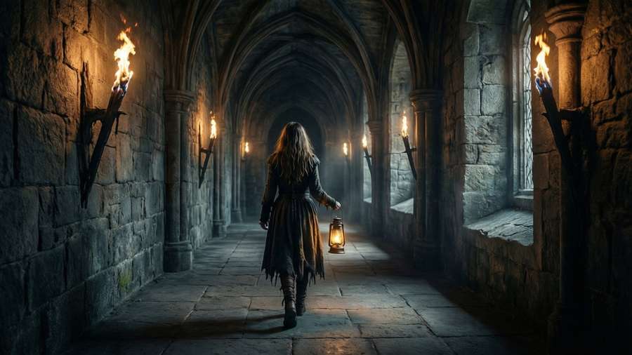 Guild Girl walking down a torchlit corridor — Guild Girl Wallpaper
