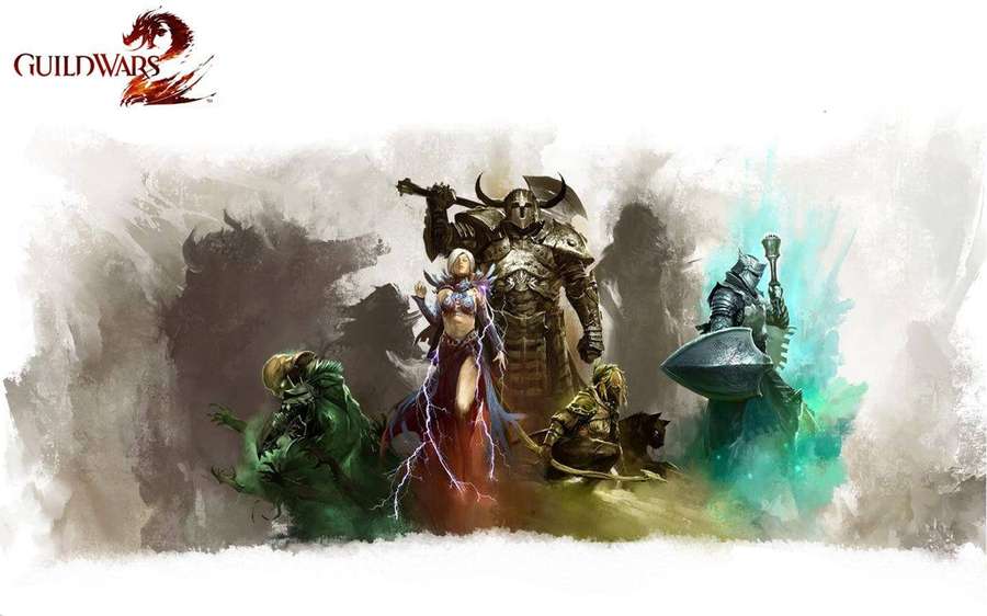 Cinco personagens de jogo de fantasia com magia brilhante em um ambiente nebuloso. — Guild Wars 2 Papéis de Parede