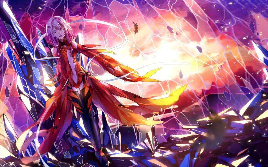 Anime girl in red outfit surrounded by shattered crystals and glowing energy. — Guilty Crown Background