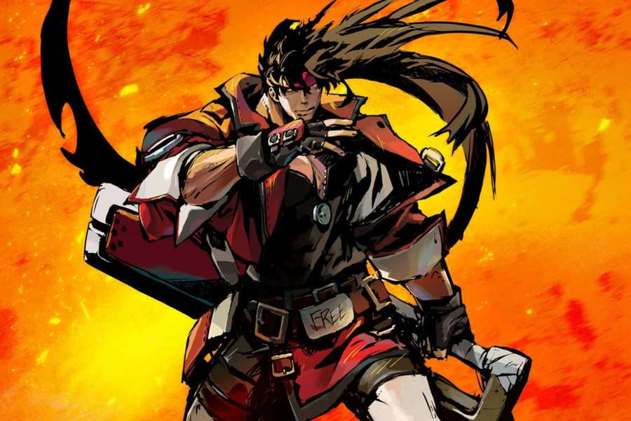 Lutador anime de casaco vermelho pronto para a batalha contra fundo flamejante. — Guilty Gear Papéis de Parede