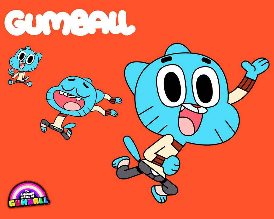Three blue cartoon cats running joyfully against an orange background with GUMBALL logo. — Gumball Wallpaper