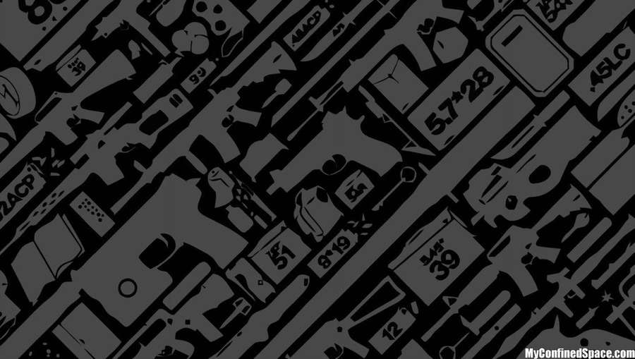 Black and gray pattern of firearms and ammunition boxes in diagonal arrangement. — Gun Wallpaper