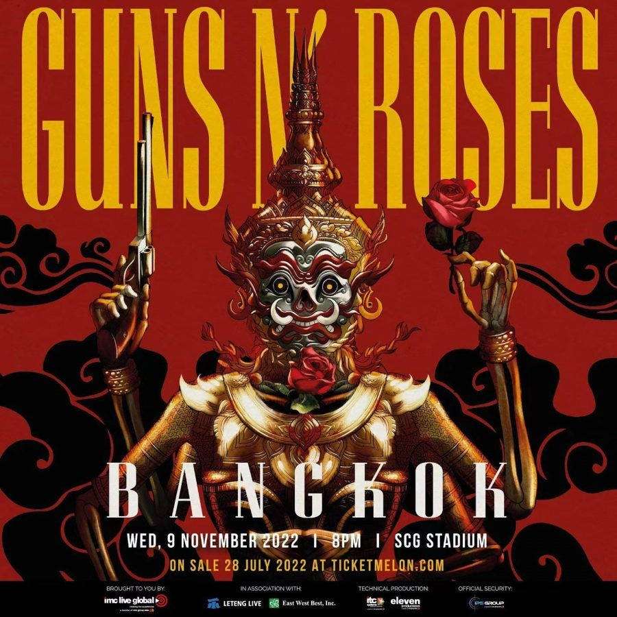 Guns N' Roses konsertaffisch med en thailändsk demon som håller en pistol och ros. — Guns n roses Bakgrundsbilder