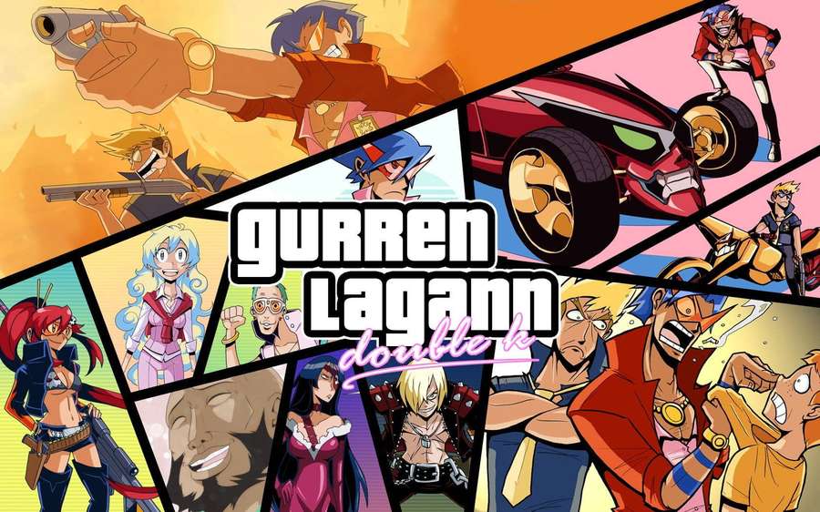 Personaggi anime di Gurren Lagann in pannelli colorati in stile fumetto con pose d'azione. — Gurren Lagann Sfondi