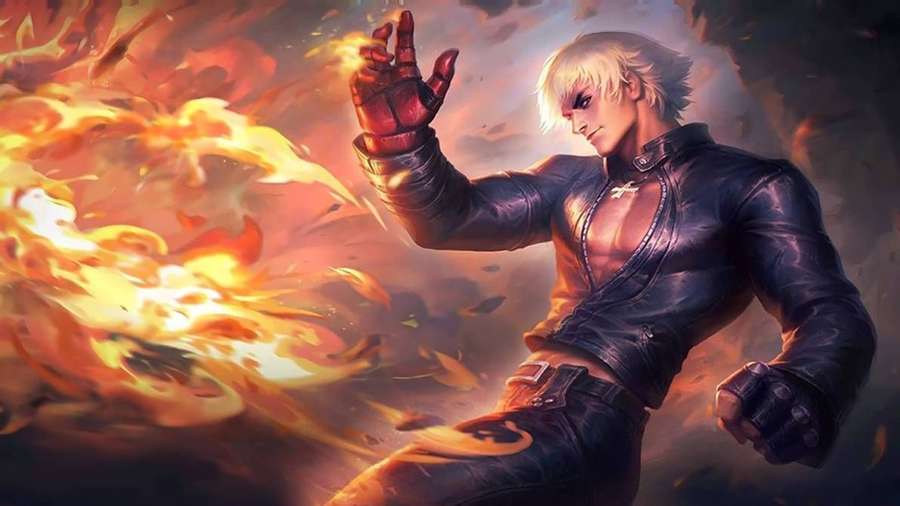 Anime fighter unleashing fire from his hand in a dramatic pose. — Gusion K Wallpaper