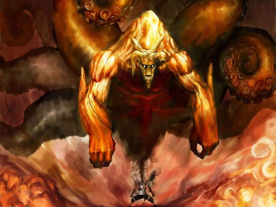 Tiny warrior faces off against a giant golden demon in a fiery battle scene. — Gyuki Wallpaper