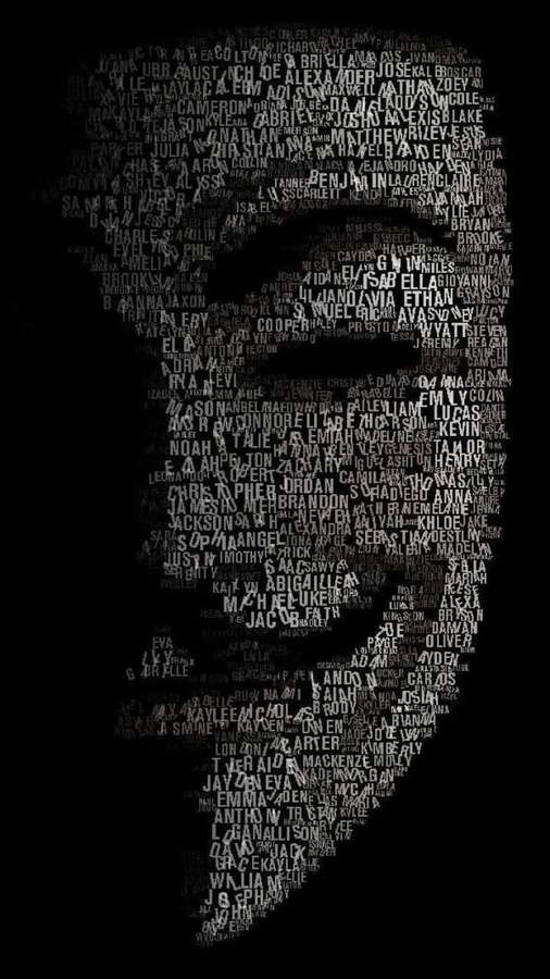 A human silhouette composed of many names in white text on a black background. — Hacker iPhone Picture