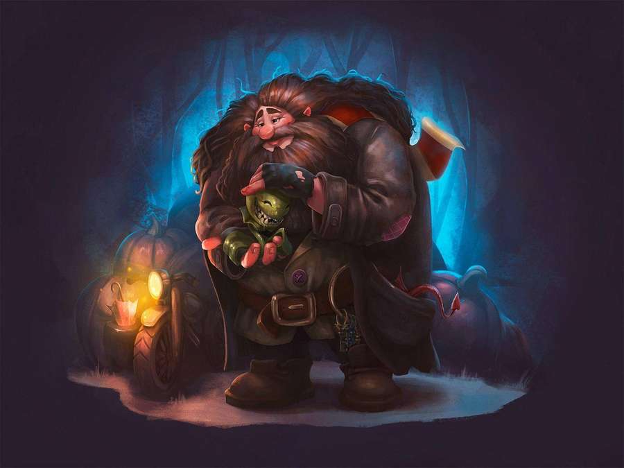 A goblin holding a glowing skull in a dark forest with pumpkins and a lantern. — Hagrid Wallpaper