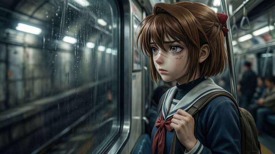 Haibara Ai on a subway, tired, looking out at passing tunnel lights. — Haibara AI Wallpaper