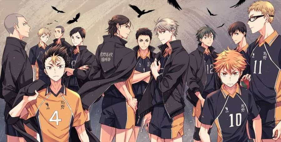 Anime-Volleyballteam in schwarzen und orangefarbenen Uniformen mit fliegenden Krähen. — Haikyuu Notebook Wallpaper
