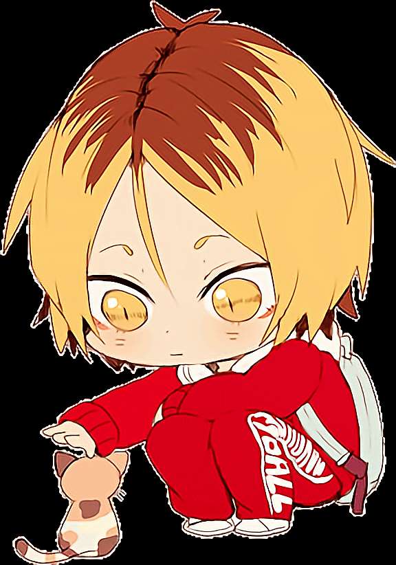 Anime chibi boy in red tracksuit holding a small cat. — Haikyuu PNG