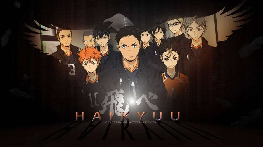Anime-lentopallojoukkue hehkuvalla tekstillä ja siipivarjoilla pimeässä huoneessa. — Haikyuu Taustakuvat