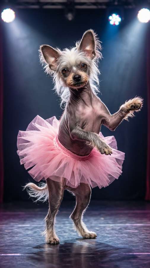A Chinese Crested dog in a tutu dancing on stage under spotlights. — Hairless Dog Wallpaper