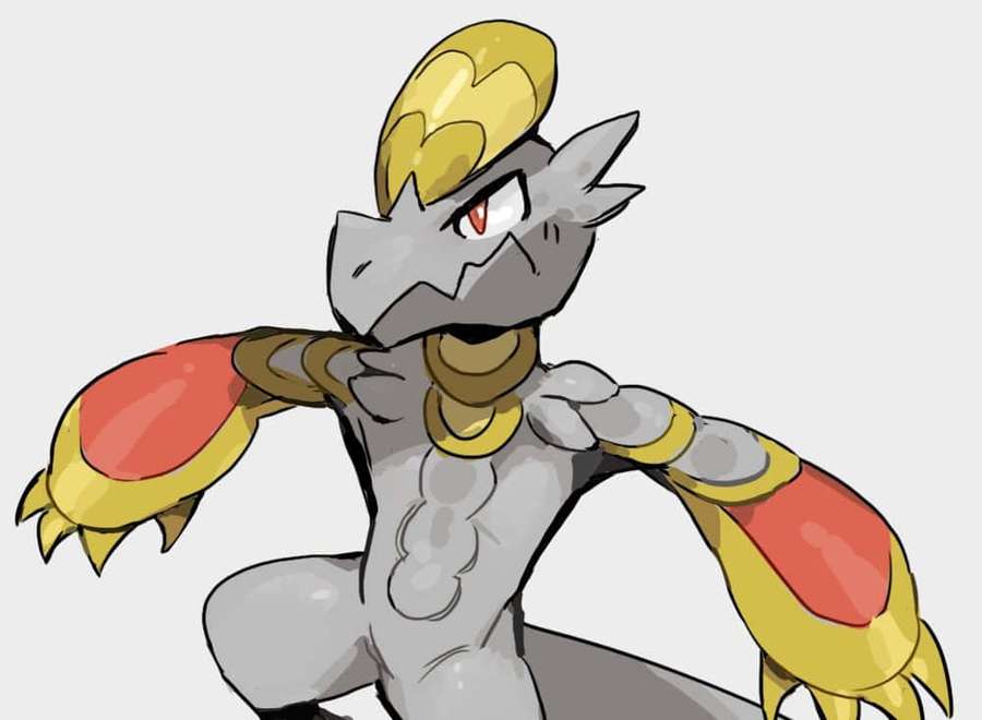 A fierce anime-style dragon Pokémon with red gold and gray coloring in a battle stance. — Hakamo-o Wallpaper