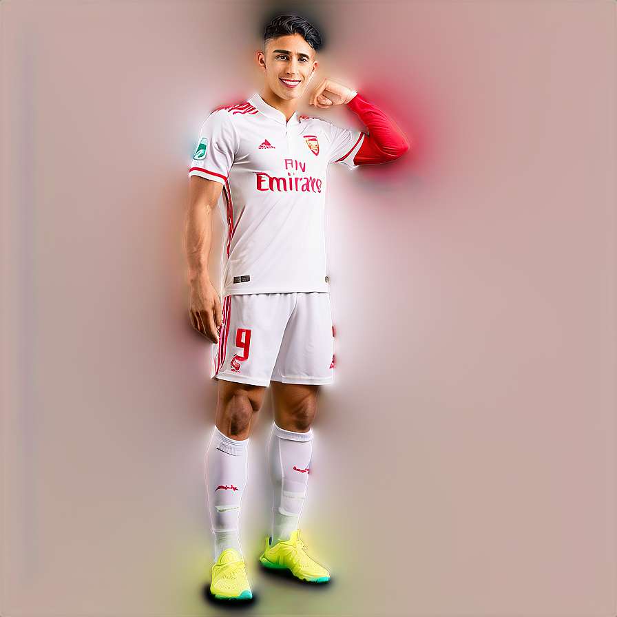 Soccer player in white jersey with red accents posing with neon glowing shoes. — Hakimi Picture