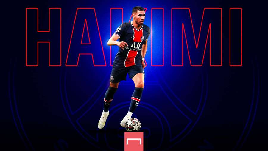 Footballer Achraf Hakimi in PSG kit dribbling a ball with glowing red text behind him. — Hakimi Wallpaper