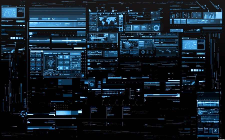 Futuristinen sininen digitaalinen käyttöliittymä, jossa on useita datanäyttöjä ja holografisia elementtejä. — Hakkeri Taustakuvat