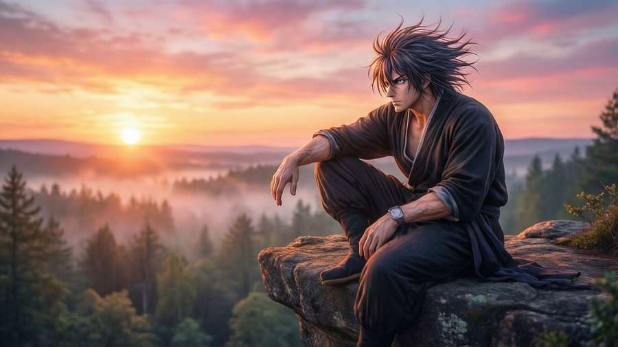 Hakuryuu Ren watches sunrise from a cliff, contemplative and serene. — Hakuryuu Ren Wallpaper