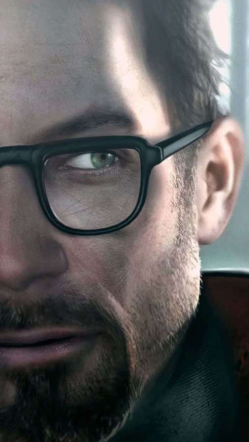 Nahaufnahme-Porträt eines Mannes mit grünen Augen und schwarzer Brille, der ernst schaut. — Half Life 2 Bilder