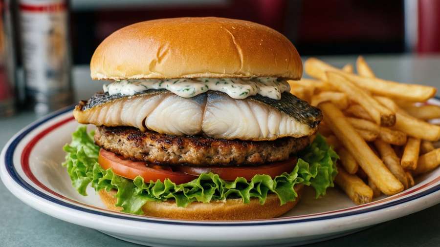 Crispy halibut burger with lettuce and tomato on a brioche bun. — Halibut Background