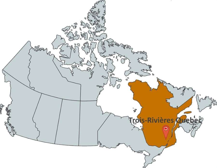 Map of Canada showing Trois-Rivières Quebec with a red pin. — Halifax Canada Picture