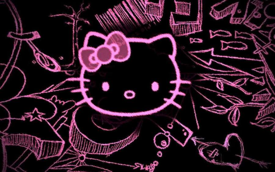 Rosa Kreidezeichnung von Hello Kitty, umgeben von Kritzeleien auf schwarzem Hintergrund. — Hallo Kitty Pc Wallpaper
