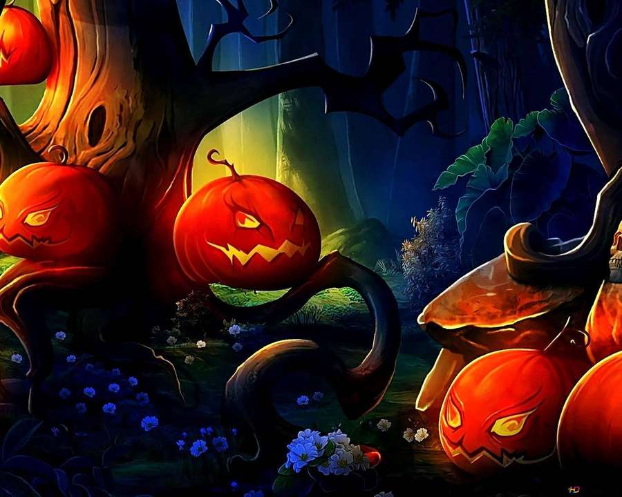 Zucca luminosa inquietante con occhi arrabbiati in una foresta oscura incantata di notte. — Halloween Pumpkin Sfondi