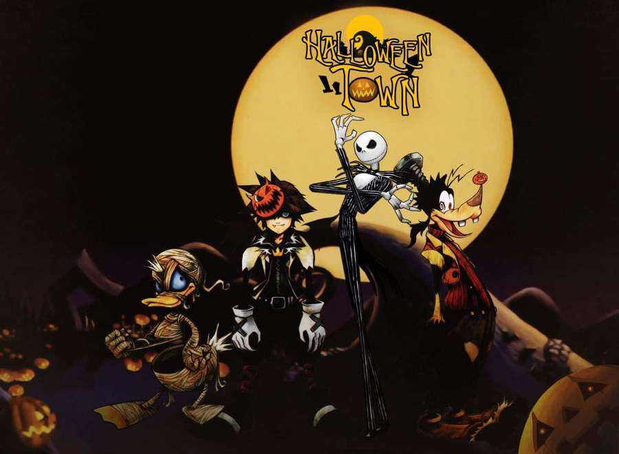 Four Halloween cartoon characters under a full moon with 'Halloween Town' text. — Halloweentown Wallpaper