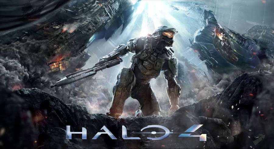 Spartanischer Soldat in Rüstung, der auf einem Schlachtfeld mit explodierenden Schiffen ein Gewehr hält. — Halo 4 Wallpaper