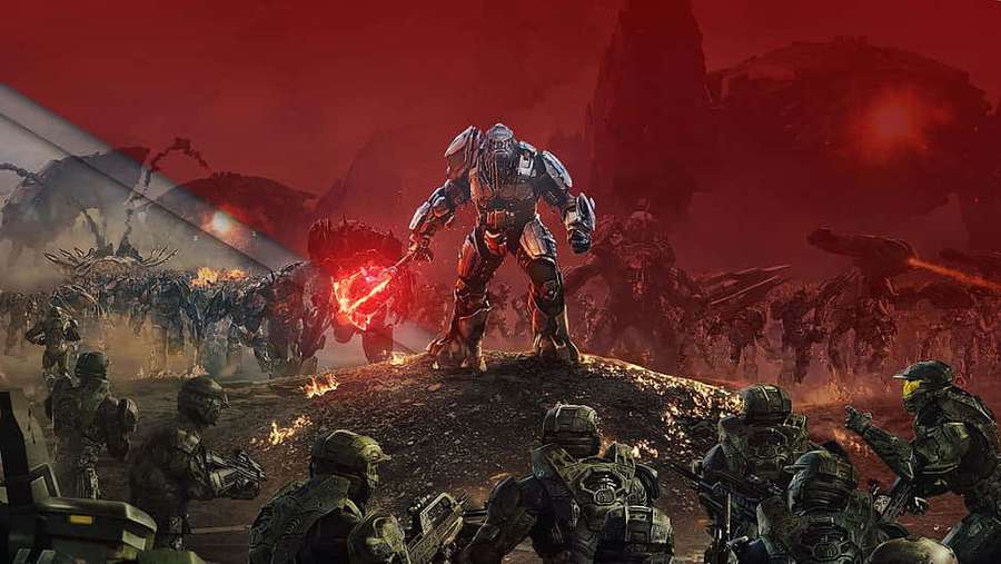 Warrior with glowing sword leads soldiers in futuristic battle under red sky — Halo Brutes Wallpaper