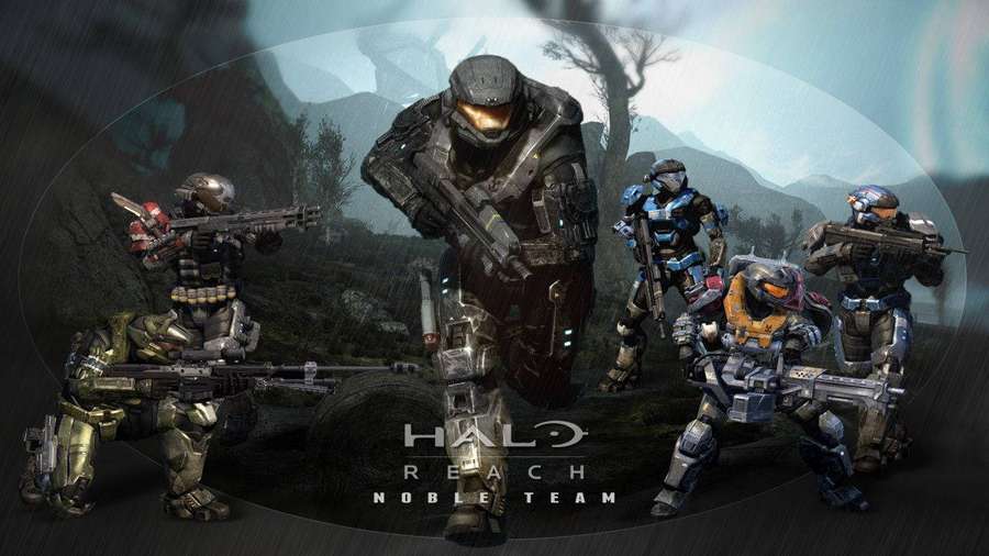 Noble Team soldiers in Halo Reach gear standing in a misty alien battlefield. — Halo Reach Background