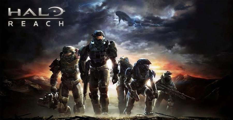 Five armored soldiers stand ready in a war-torn landscape under a stormy sky with a spaceship above. — Halo Red Team Wallpaper