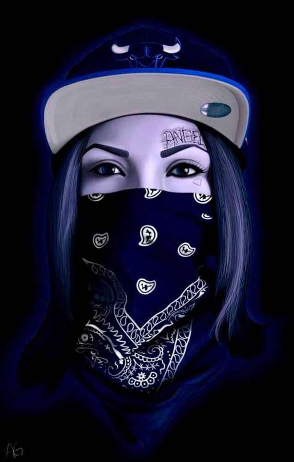 Person mit blauen Haaren und glühendem Gesicht, die Kappe und gemustertes Bandana trägt. — Halstuch Wallpaper