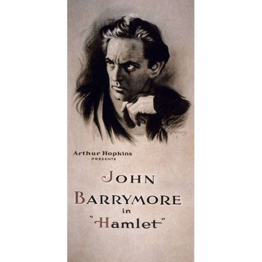 Vintage-Poster für John Barrymore in Hamlet mit dramatischem Porträt und Text. — Hamlet Bilder