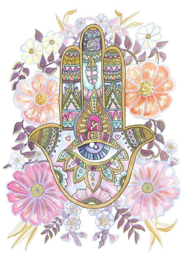Decorative hamsa hand with eye surrounded by pastel flowers. — Hamsa Wallpaper