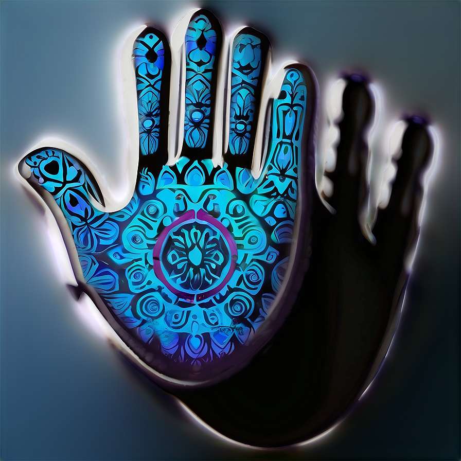 Glowing blue hand with mandala designs radiating light. — Hamsa PNG