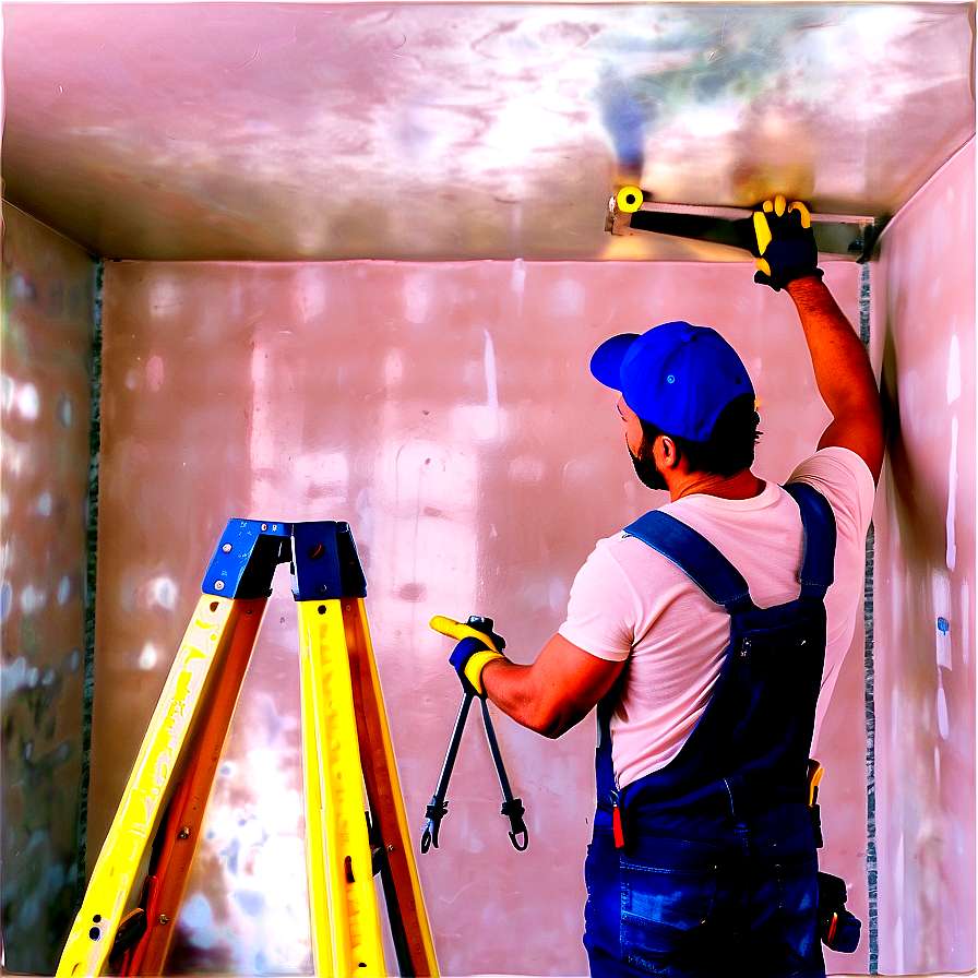 Worker installing ceiling drywall with ladder in pink room. — Handyman Background