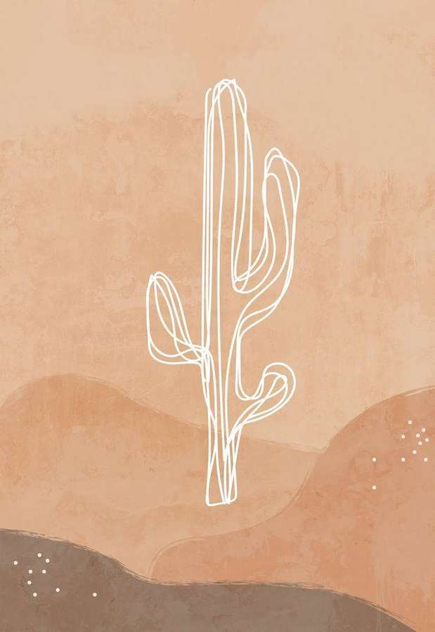 Minimalistische Strichkunst eines Saguaro-Kaktus in einer Wüstenlandschaft mit sanften Erdtönen. — Hanglage Wallpaper