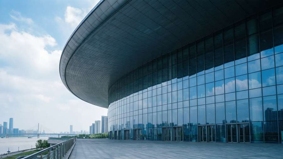 Sleek shot of Hangzhou International Conference Center with reflective glass and river. — Hangzhou Background