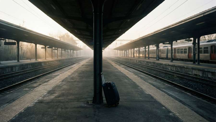 An empty train station with a lone suitcase, evoking the sudden absence of people in The Happening. — Happening Background