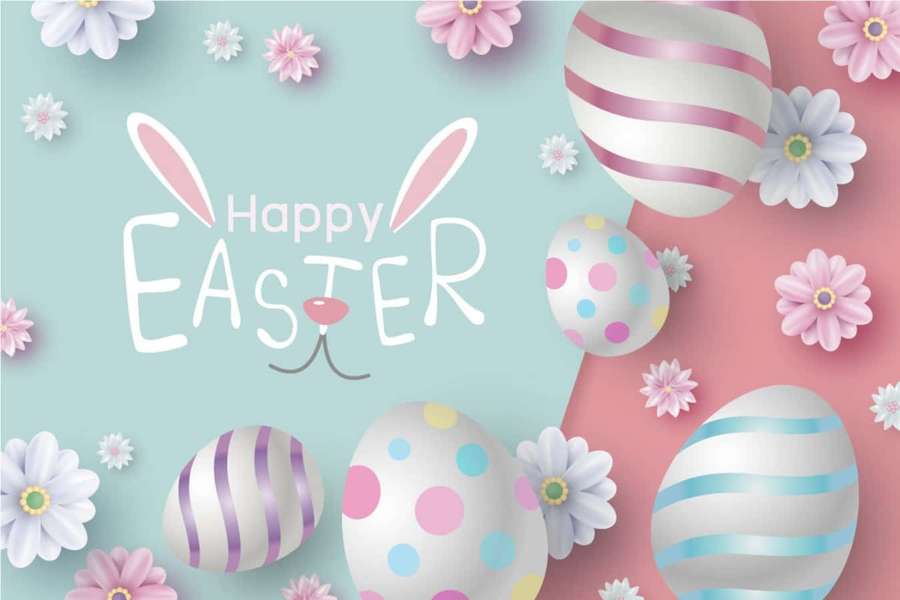 Happy Easter greeting with decorated eggs and paper flowers on a pastel background. — Happy Easter Picture