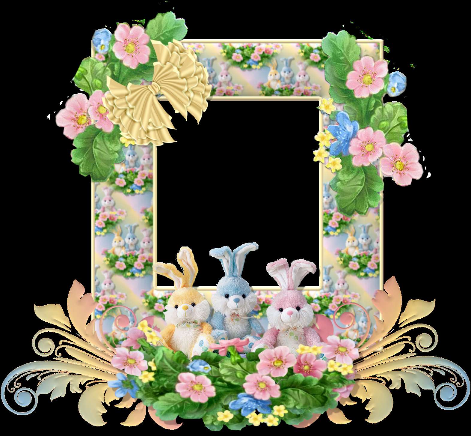 Easter-themed photo frame with plush bunnies flowers and gold swirls. — Happy Easter PNG