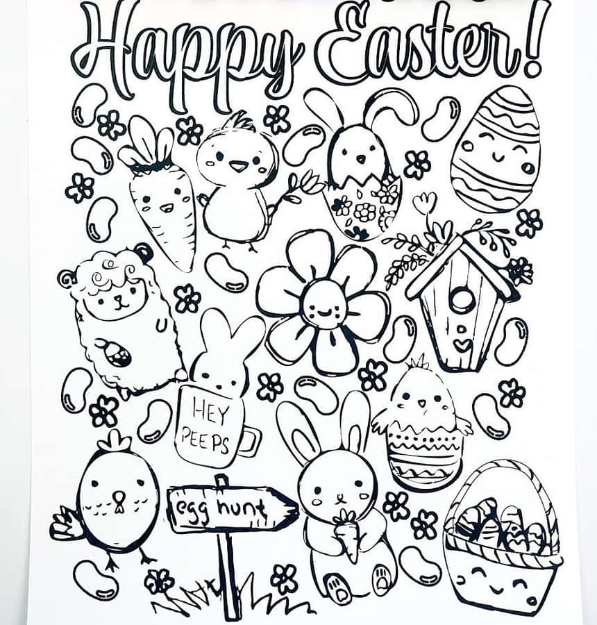 Glad påsk målarbok med kaniner, kycklingar, ägg och blommor — Glad påsk bakgrund Bakgrundsbilder