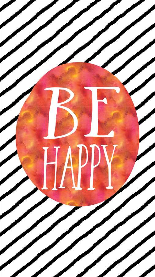 A colorful watercolor circle with the words 'BE HAPPY' on a black and white striped background. — Happy iPhone Wallpaper