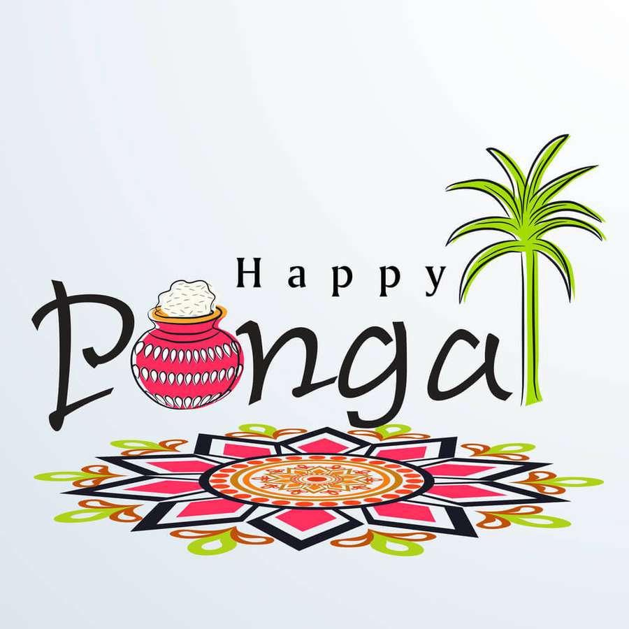 Happy Pongal festival graphic with pot rice palm tree and rangoli pattern. — Happy Pongal Wallpaper