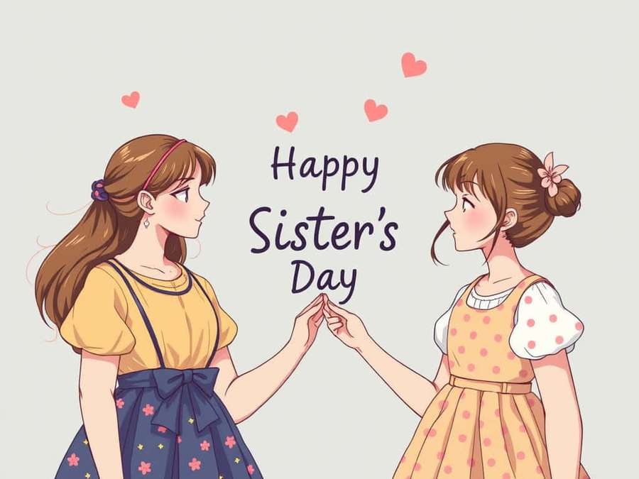Two girls holding hands with hearts above them celebrating Sister's Day. — Happy Sisters Day Wallpaper
