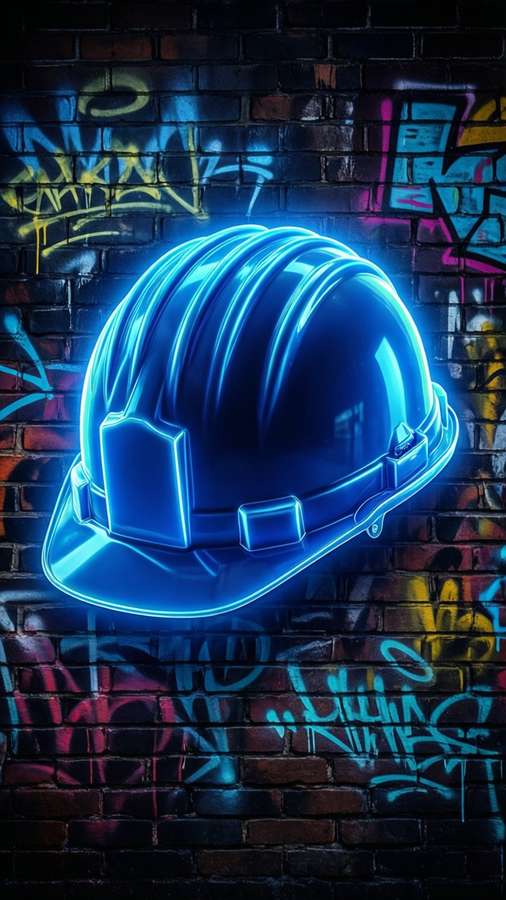 Glowing blue neon hard hat on a brick wall, graffiti vibe. — Hard Hat Wallpaper