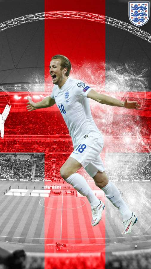 Englischer Fußballspieler feiert ein Tor in einem vollen Stadion mit roten grafischen Akzenten. — Harry Kane Bilder