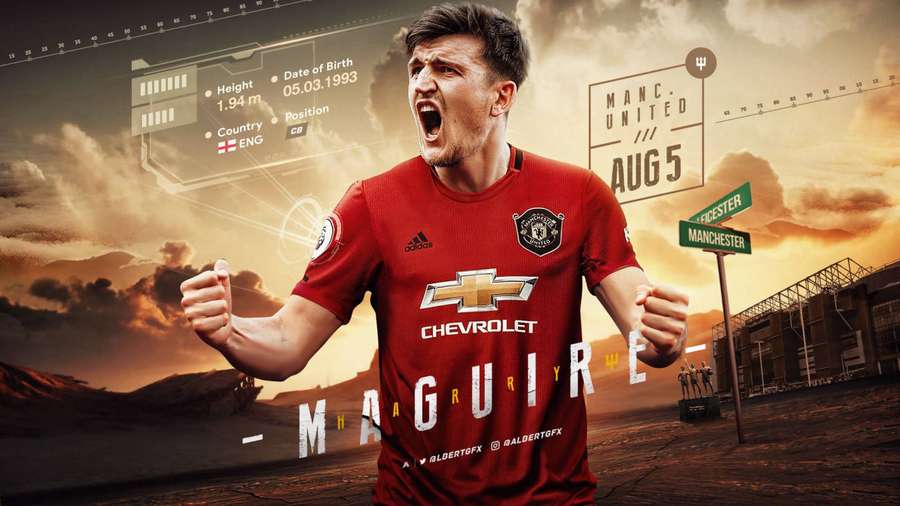 Football player celebrating in red Manchester United jersey at sunset stadium. — Harry Maguire Wallpaper