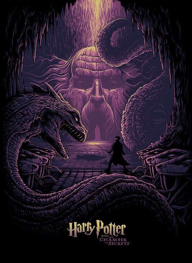 Un mago se enfrenta a serpientes gigantes en una cueva púrpura mística con un cráneo gigante arriba. — Harry Potter Basilisk Fondos de pantalla